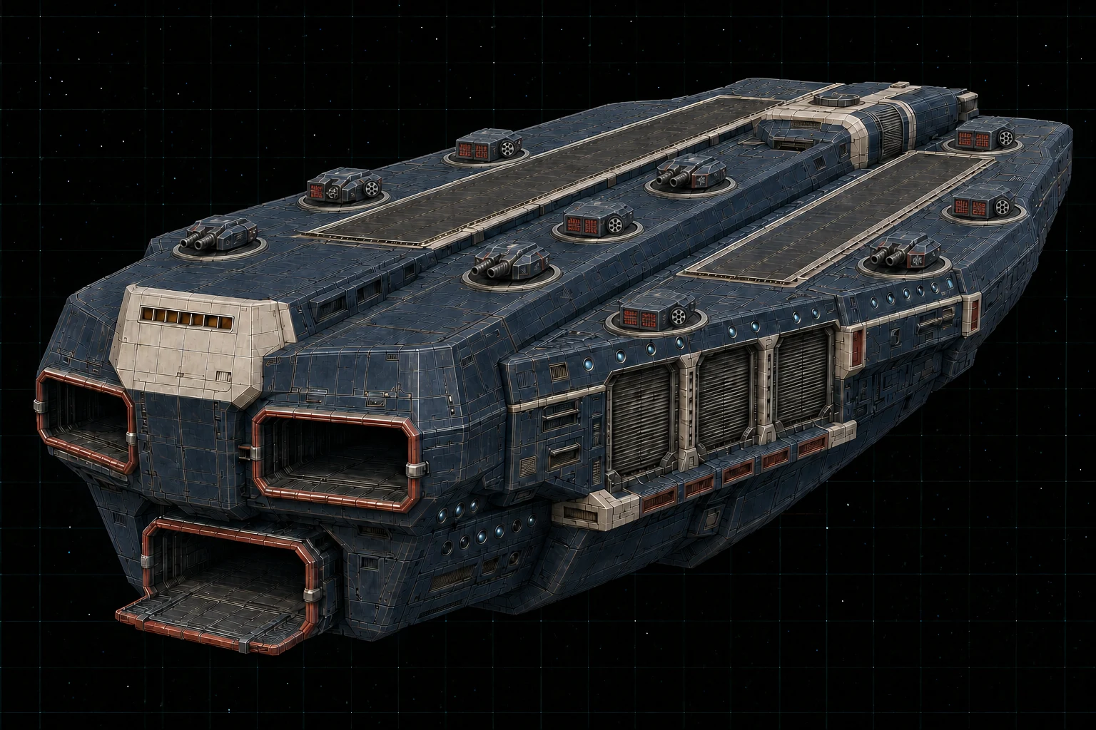 Painted three-quarter view of Lilienthal, a navy twenty-five-hundred-ton fleet carrier with two launch decks, one recovery deck, and ten visible turrets.