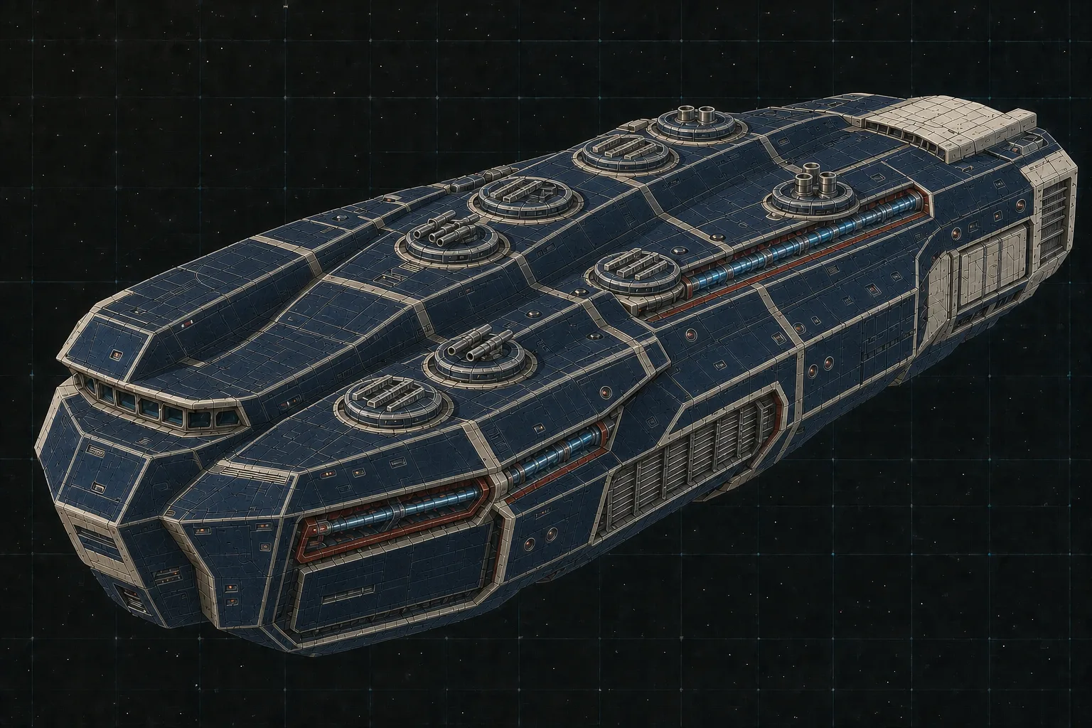 Painted three-quarter view of Ravelin, a navy twenty-five-hundred-ton fleet cruiser with capital bays and reinforced structure.