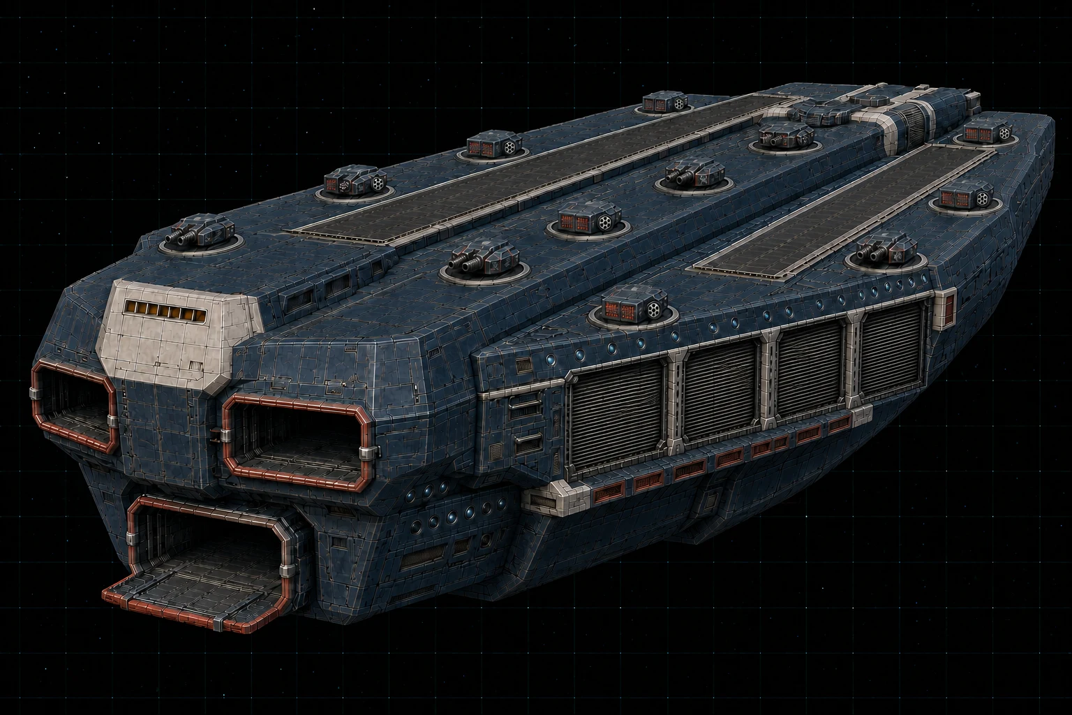 Painted three-quarter view of Wright, a navy three-thousand-ton fleet carrier with four hangar modules and twelve visible turrets.