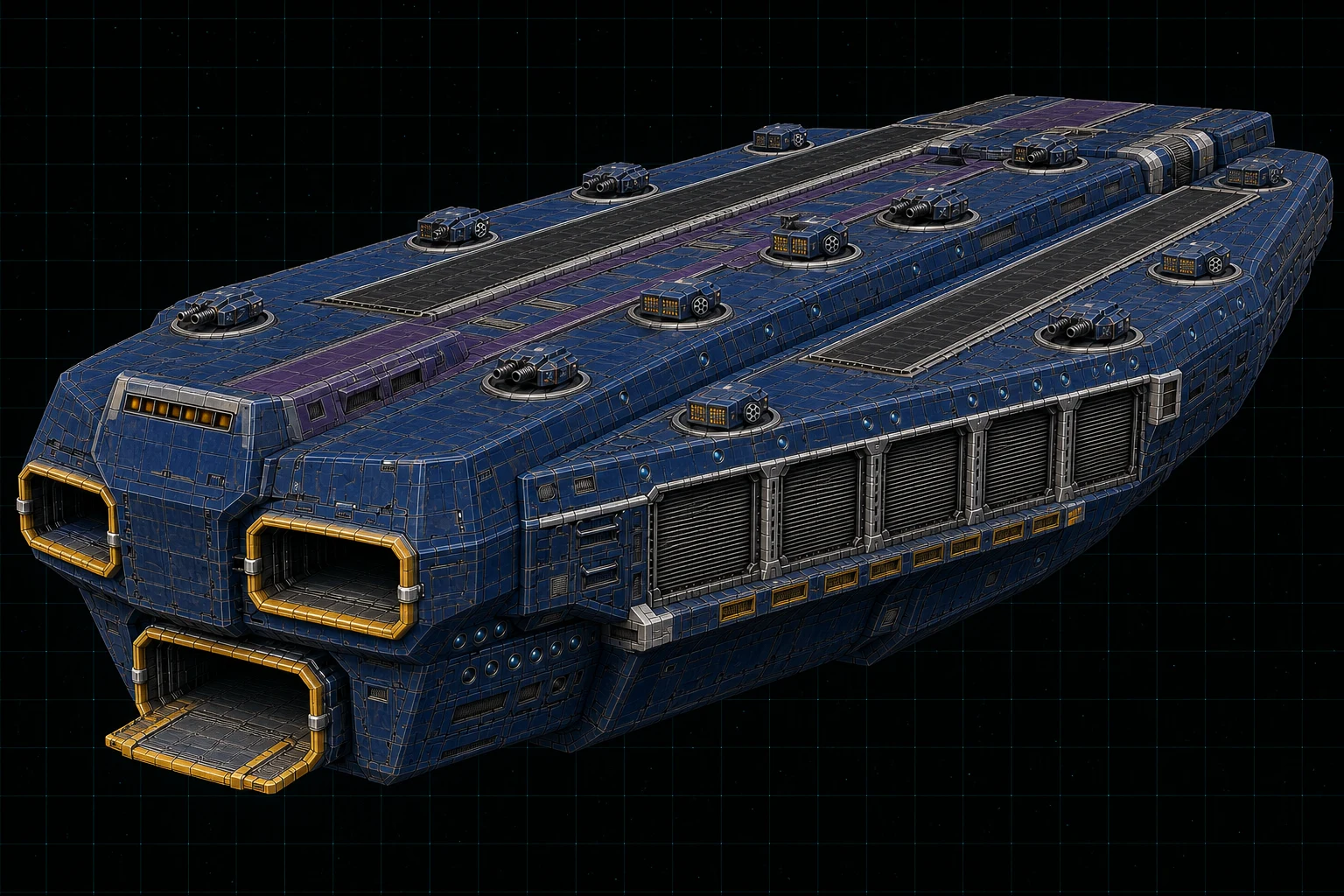 Painted three-quarter view of Mitchell, an ultramarine and violet thirty-eight-hundred-ton strike carrier with five hangar modules.