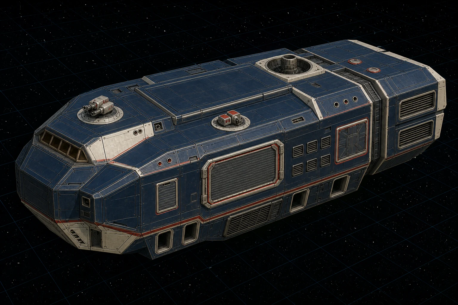 Painted three-quarter view of Curtain, a navy five-hundred-ton fleet escort with two visible turrets and a particle-beam barbette.