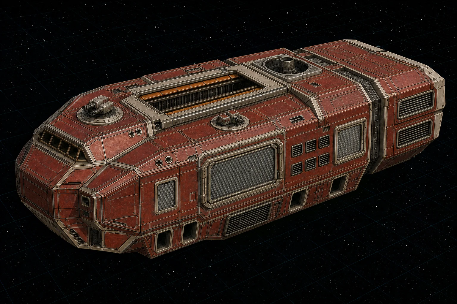 Painted three-quarter view of Keep, a fire-red five-hundred-ton system-defense ship with an integrated particle-beam bay.