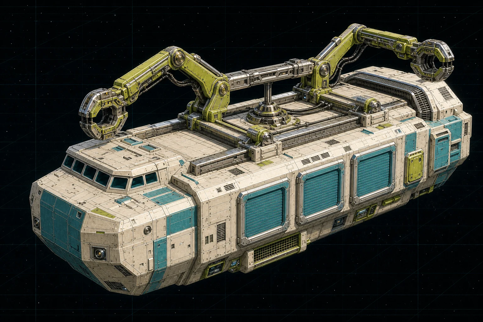 Painted three-quarter view of Cradle, a white, cyan, and lime three-hundred-fifty-ton jump tender with an empty articulated docking yoke.