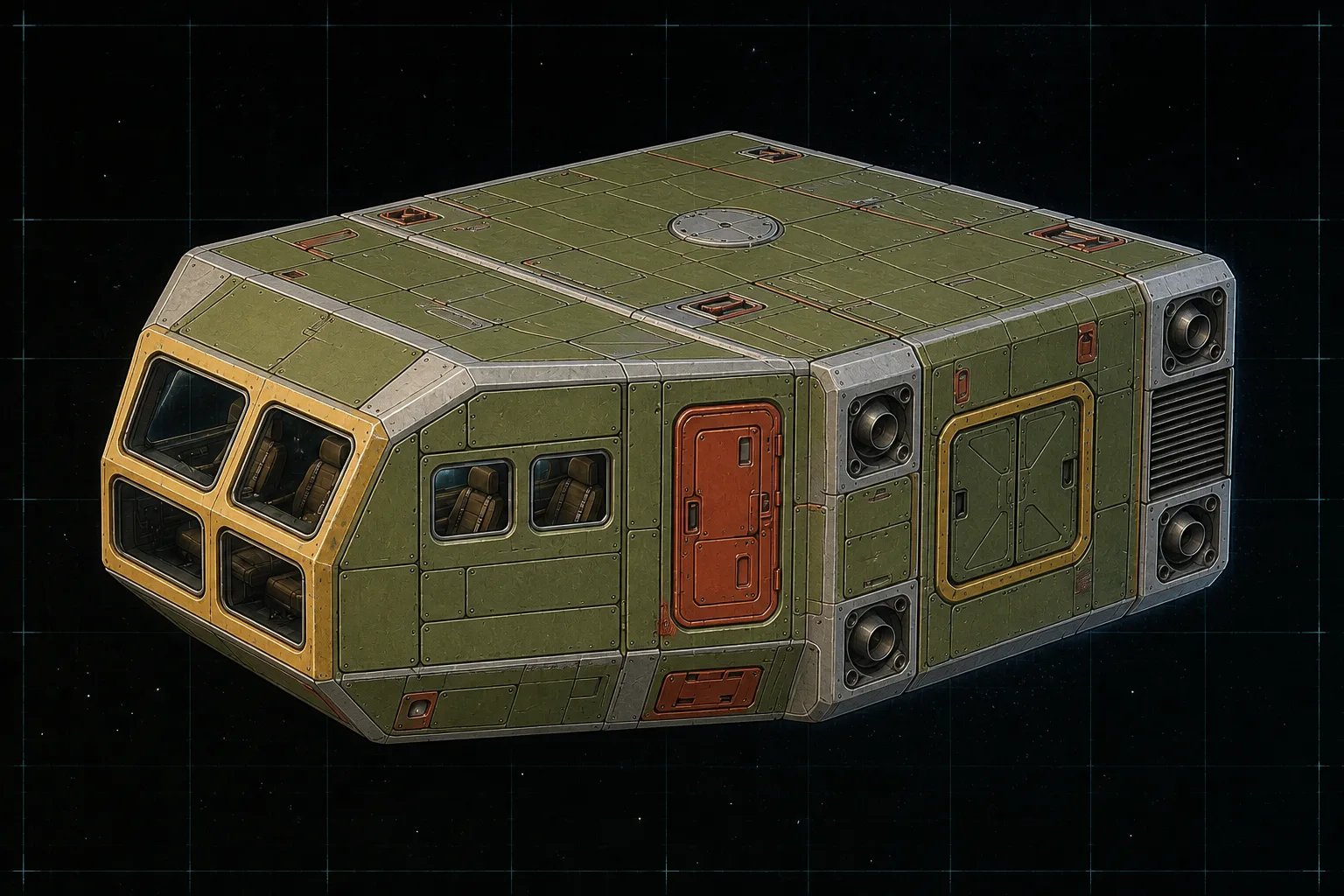 Painted three-quarter view of Archimedes, an avocado ten-ton vacuum work pod with a four-pane cockpit, passenger cabin, and cargo hatch.