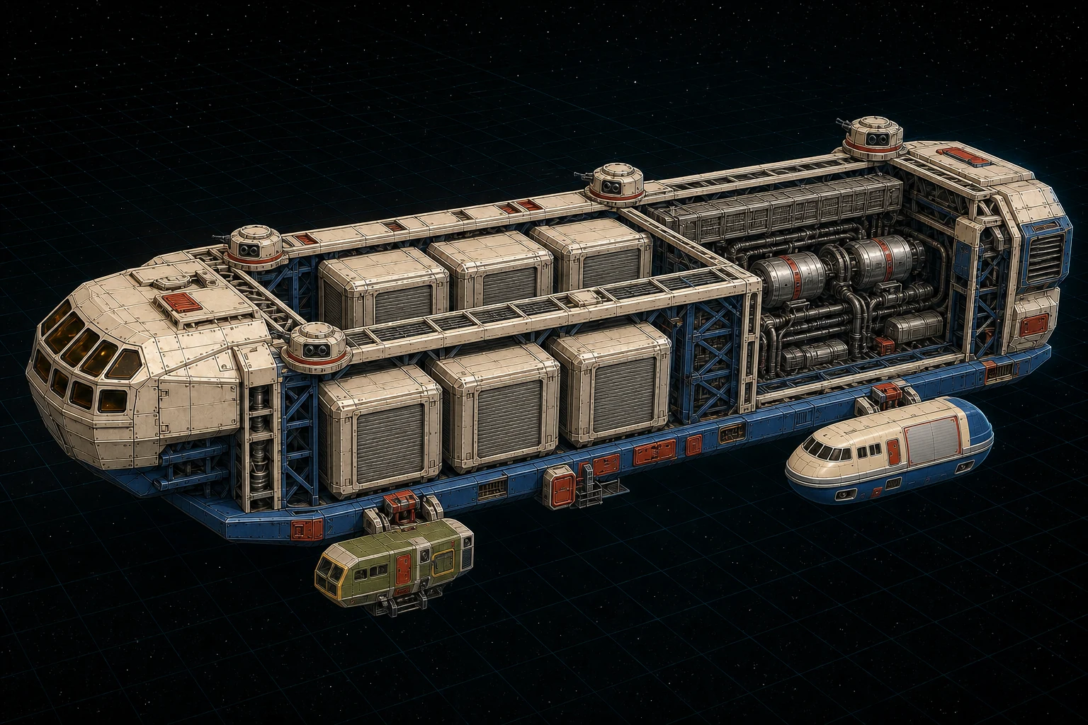 Painted three-quarter view of Leviathan, an ivory, royal-blue, and chrome nineteen-hundred-ton distributed freighter with exposed Jump machinery and two externally clamped work craft.