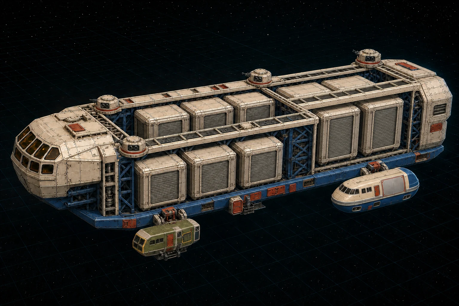 Painted three-quarter view of Behemoth, an ivory, royal-blue, and chrome nineteen-hundred-ton distributed in-system freighter with additional pressure-freight modules and two externally clamped work craft.