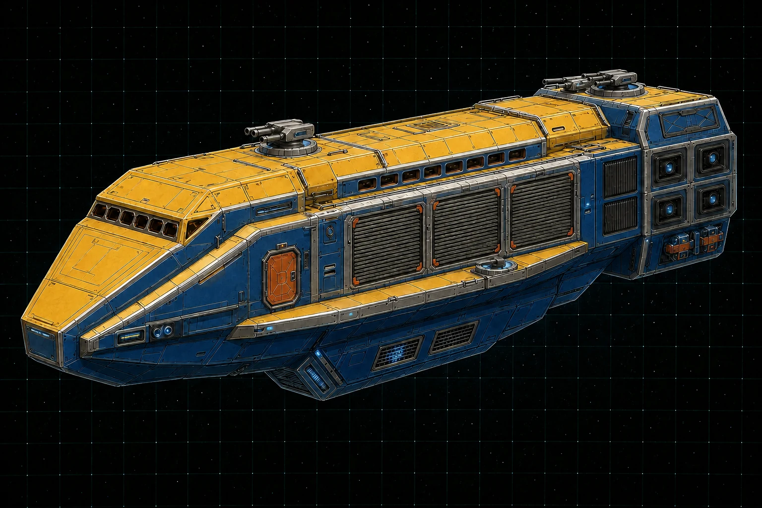 Painted three-quarter view of Samarkand, a sunflower-yellow and cobalt six-hundred-ton fast trader with three freight shutters and three visible turrets.