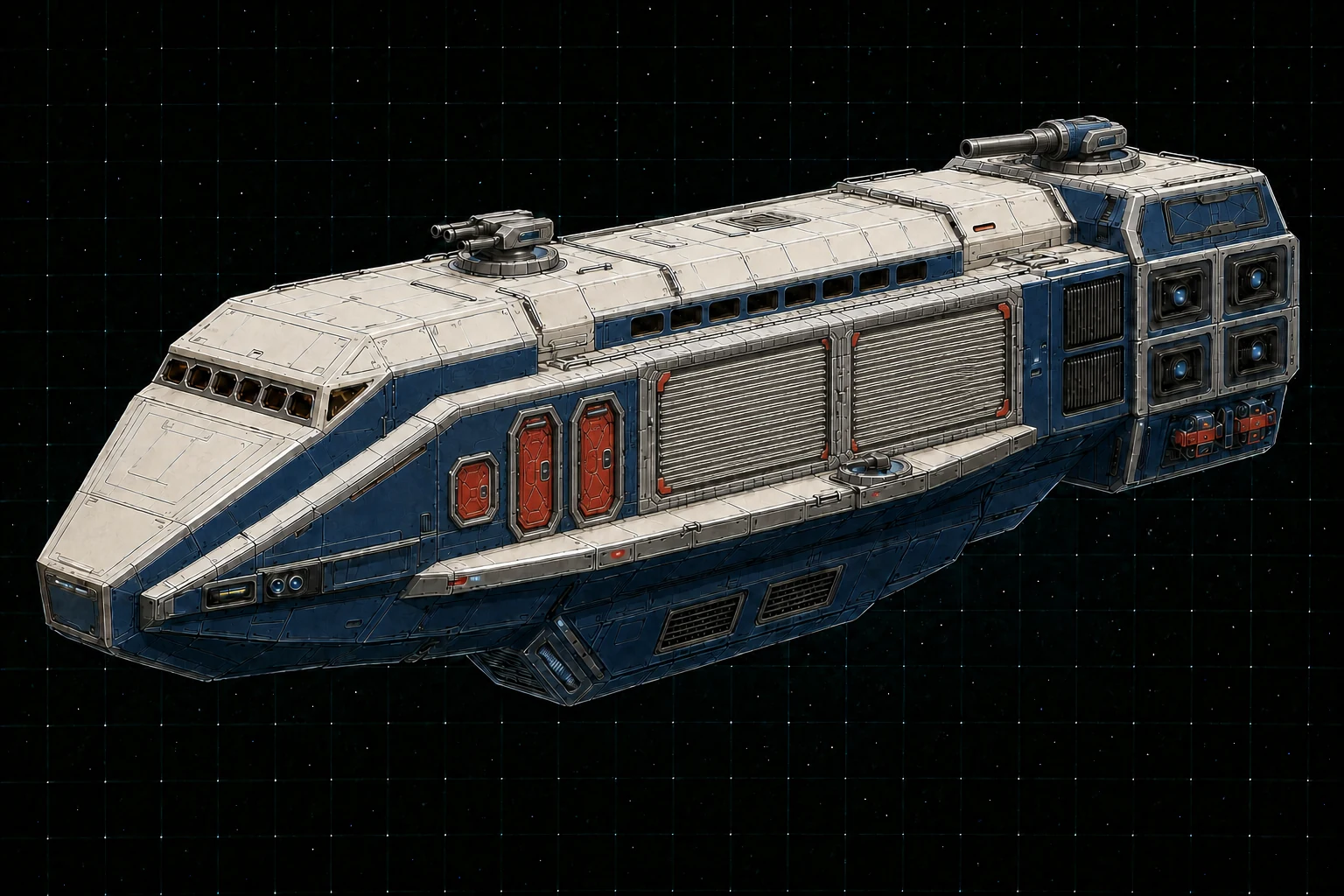 Painted three-quarter view of Merv, a navy and warm-white six-hundred-ton assault transport with an armored vehicle-hangar shutter.