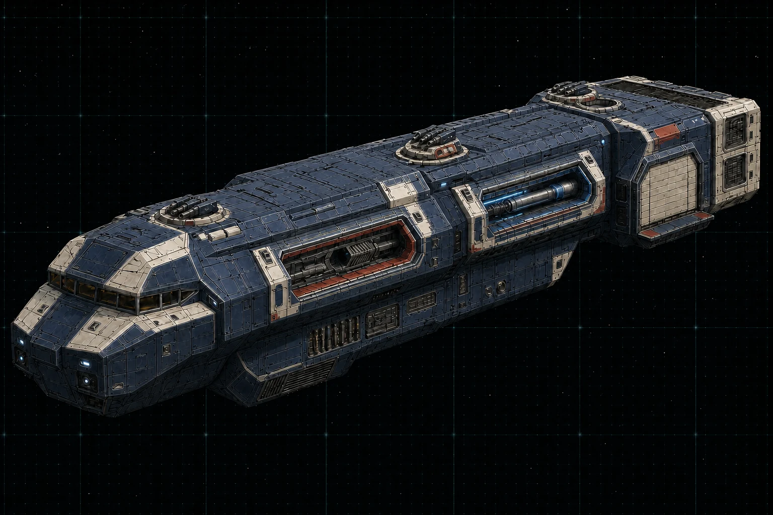 Painted three-quarter view of Scipio, a navy and warm-white thousand-ton battle destroyer with meson and particle-beam bay apertures.