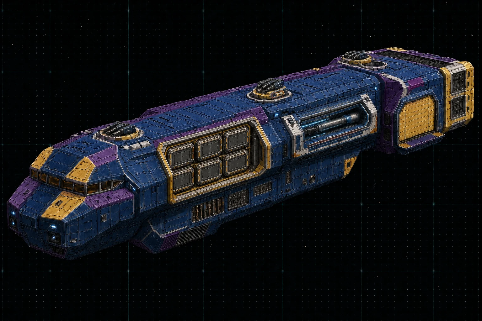 Painted three-quarter view of Onager, an ultramarine and violet thousand-ton torpedo destroyer with six large closed launch shutters.