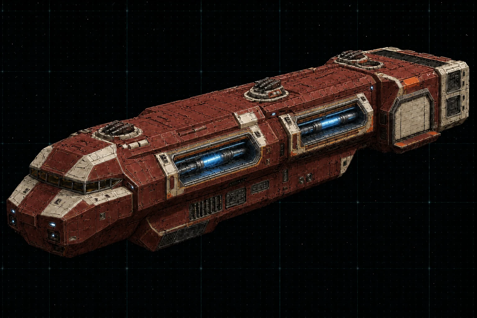 Painted three-quarter view of Corvus, a fire-red thousand-ton direct-fire destroyer with two visible particle-beam channels.