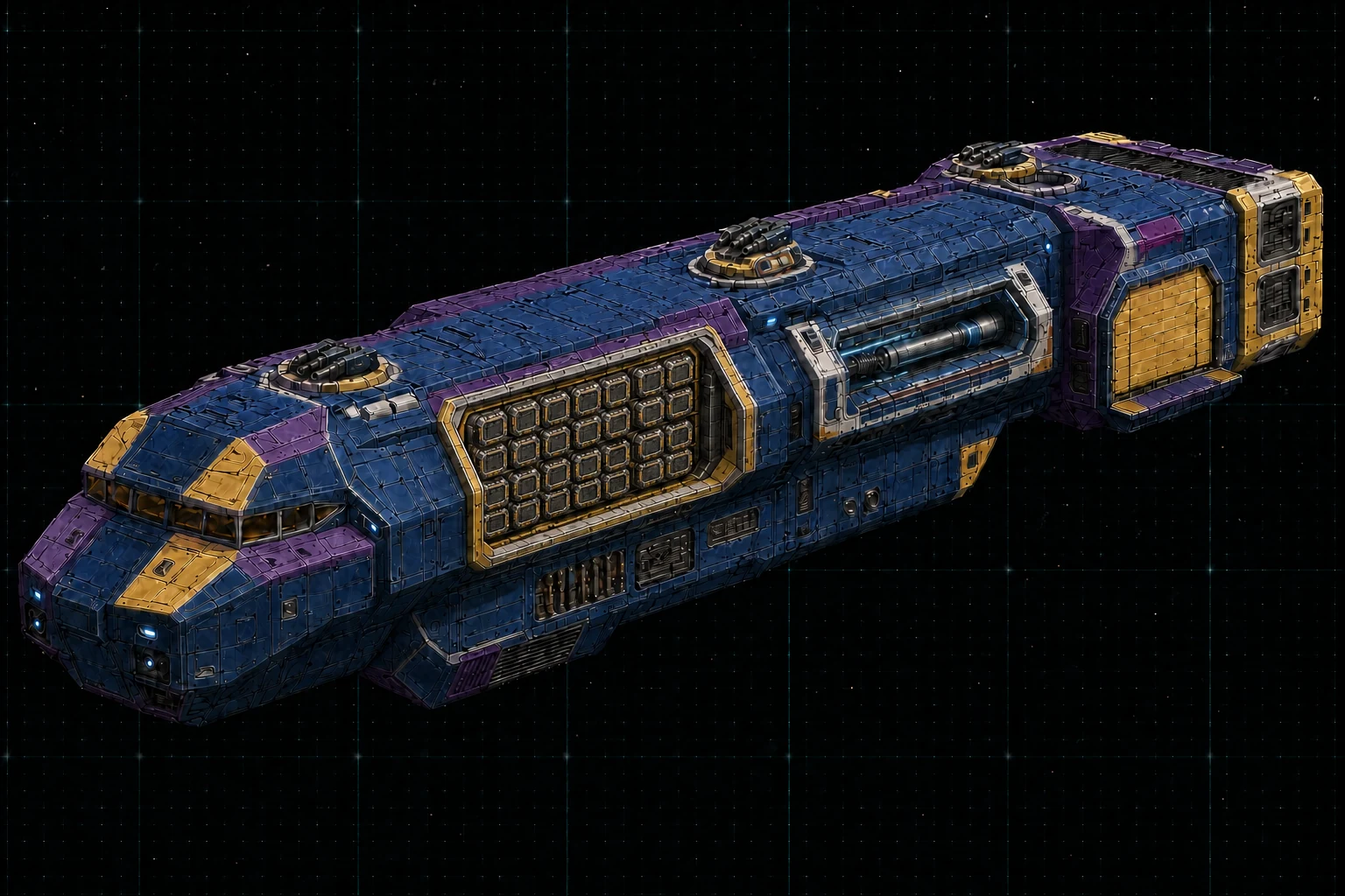 Painted three-quarter view of Vesuvius, an ultramarine and violet thousand-ton missile destroyer with a dense closed launch-cell bank.