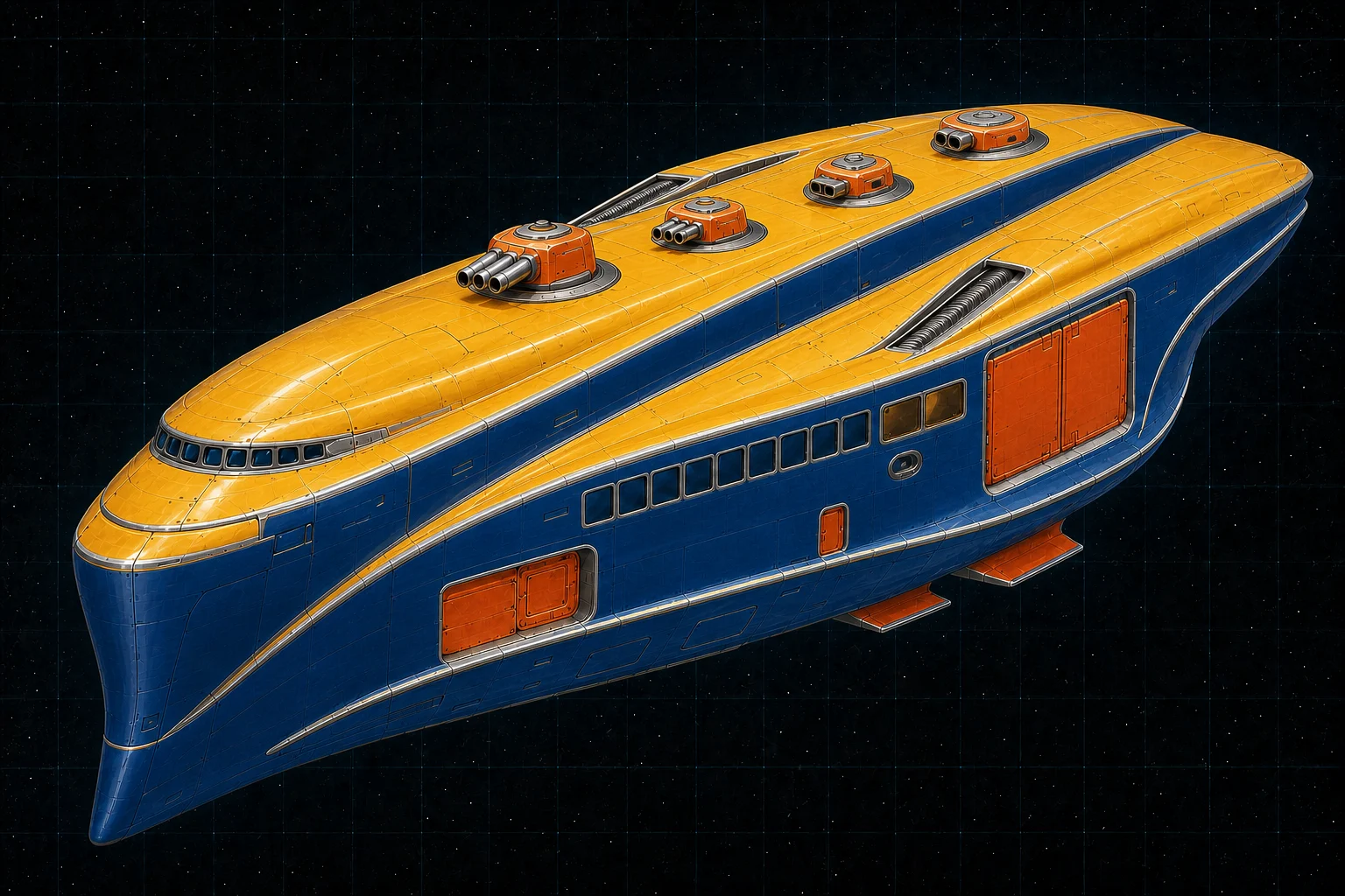 Painted three-quarter view of Trelawney, a polished sunflower and cobalt four-hundred-ton armed yacht with four laser-heavy turrets.