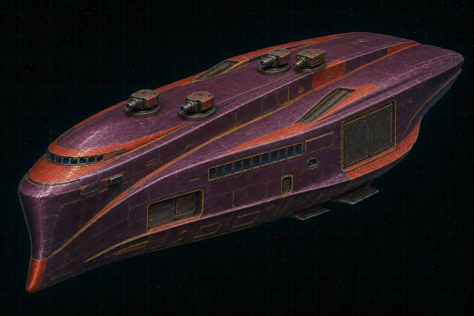 Painted three-quarter view of Silver, an aubergine four-hundred-ton boarding raider with four turrets and blanked barbette channels.