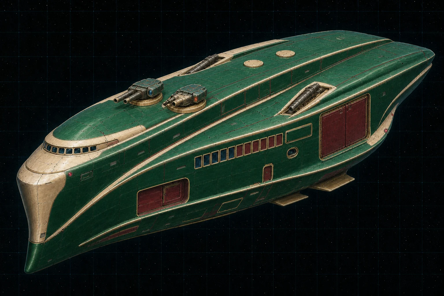 Painted three-quarter view of Smollett, an emerald four-hundred-ton light escort with two turrets, two particle barbettes, and point defense.