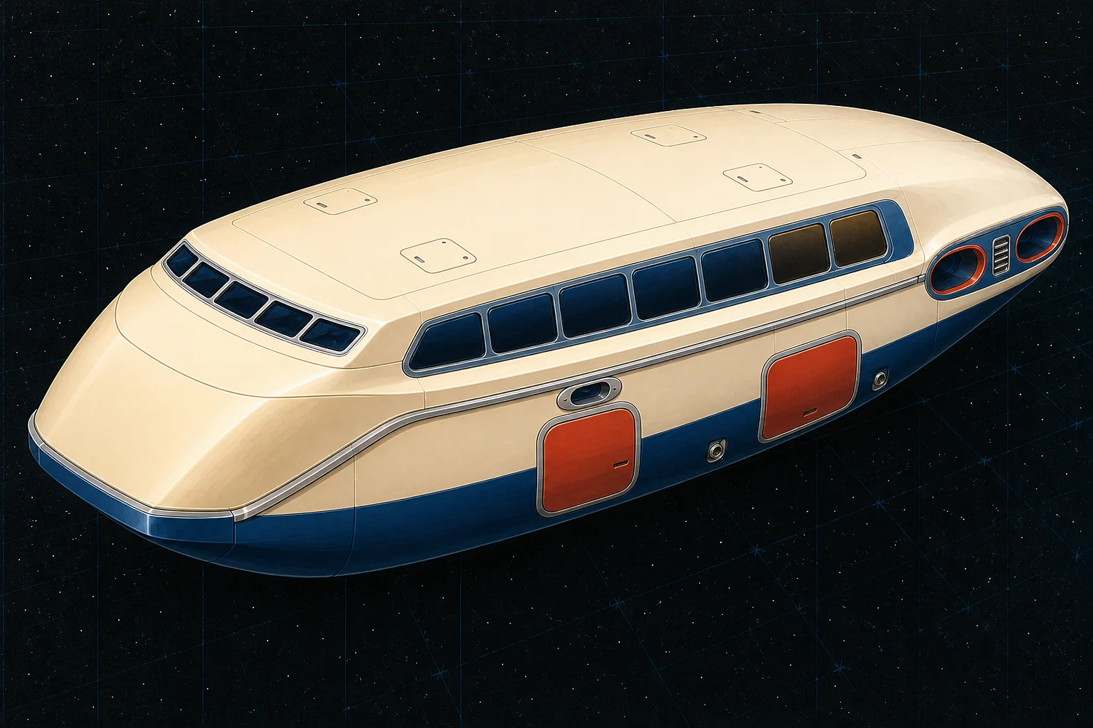 Painted three-quarter view of Ariel, an ivory and royal-blue thirty-ton luxury boat with six cabin-window bays and two closed service doors.