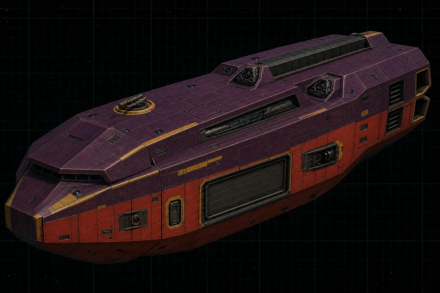 Painted three-quarter view of Moriarty, an aubergine and vermilion eight-hundred-ton commerce raider with disguised flank batteries and a closed merchant cargo shutter.