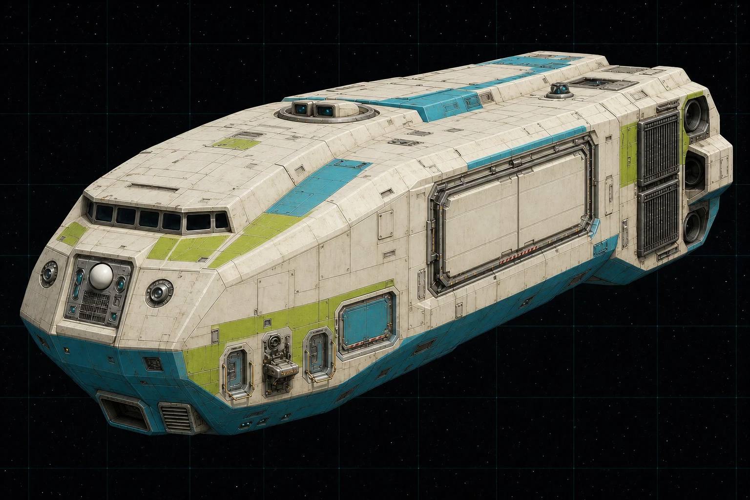 Painted three-quarter view of Vidocq, a white, cyan, and lime two-hundred-ton security cutter with a twin-plasma turret and closed fast-launch hangar.