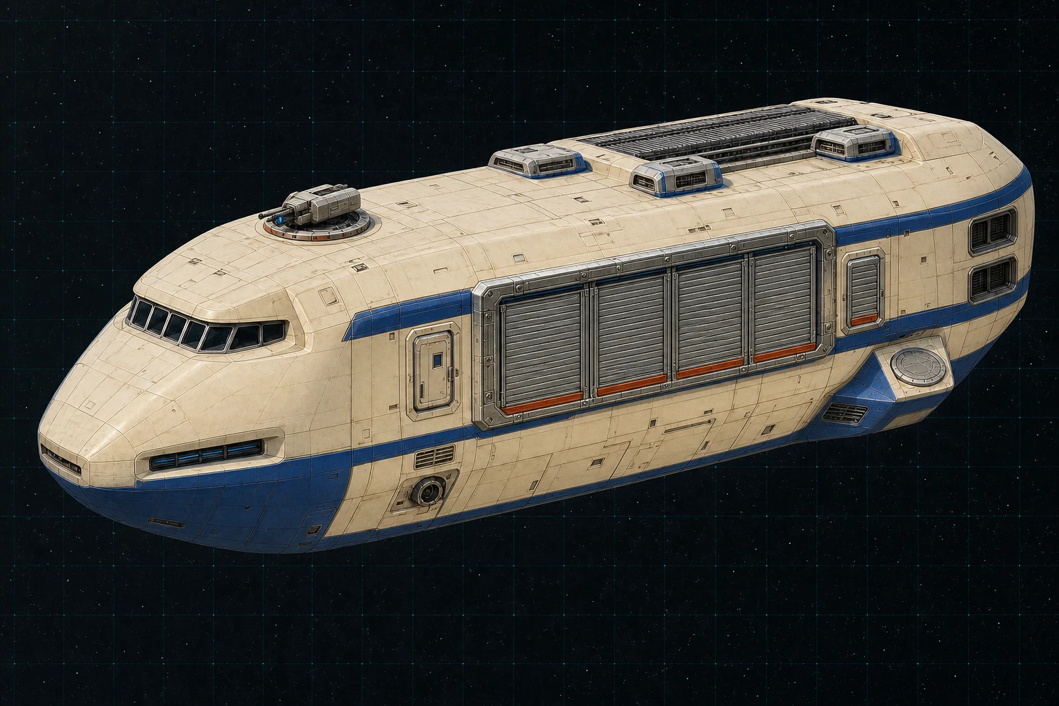 Painted three-quarter view of Banks, an ivory and royal-blue three-hundred-ton modular merchant with four freight cells and one turret.