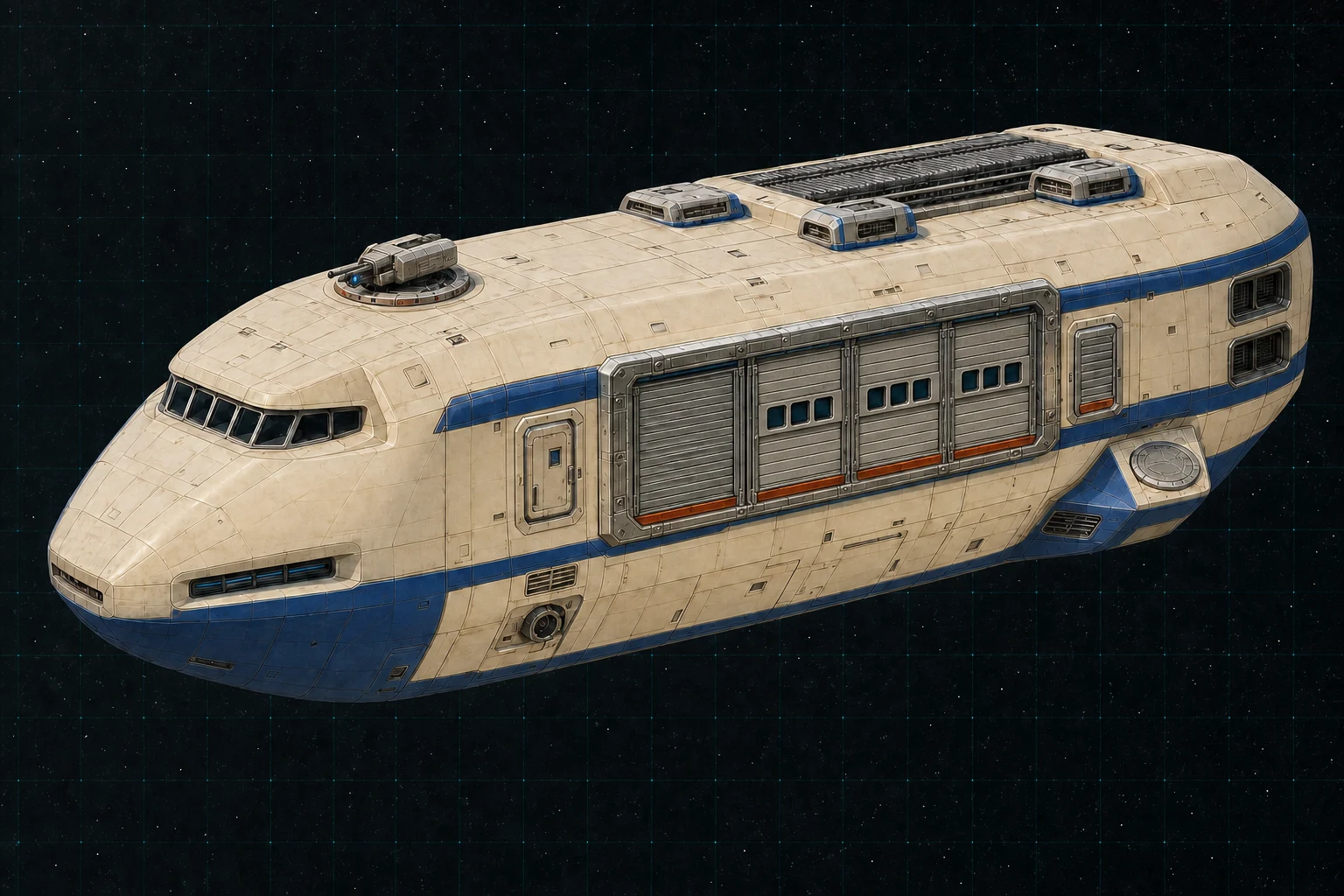 Painted three-quarter view of Solander, an ivory and royal-blue three-hundred-ton mixed merchant with one freight cell and eight cabin windows.