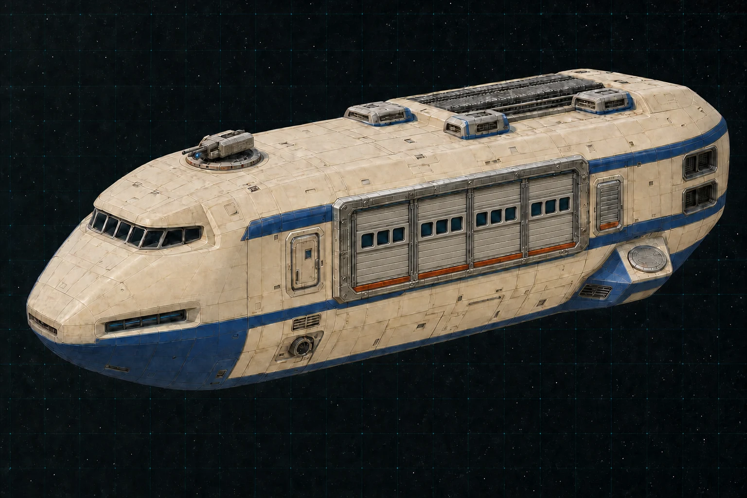 Painted three-quarter view of Parkinson, an ivory and royal-blue three-hundred-ton liner with twelve cabin windows and one turret.