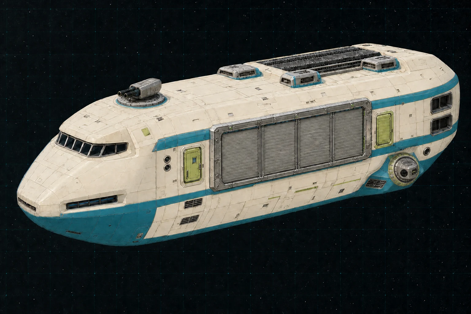 Painted three-quarter view of Tizard, a white, cyan, and lime three-hundred-ton survey ship with a closed internal-launch hangar and two visible turrets.
