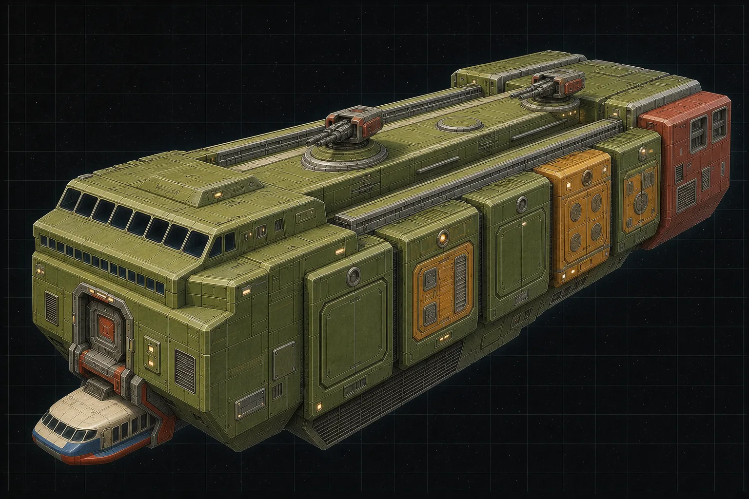 Painted three-quarter view of Calypso, an avocado eight-hundred-ton extended-range freighter with fuel modules and a docked Wayfarer Cargo.