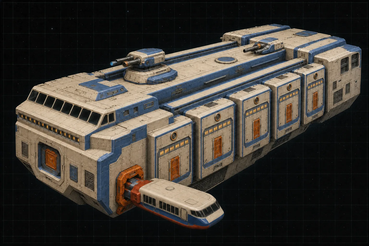 Painted three-quarter view of Nausithous, an ivory and blue eight-hundred-ton passenger freighter with windowed modules and a docked Wayfarer Cargo.