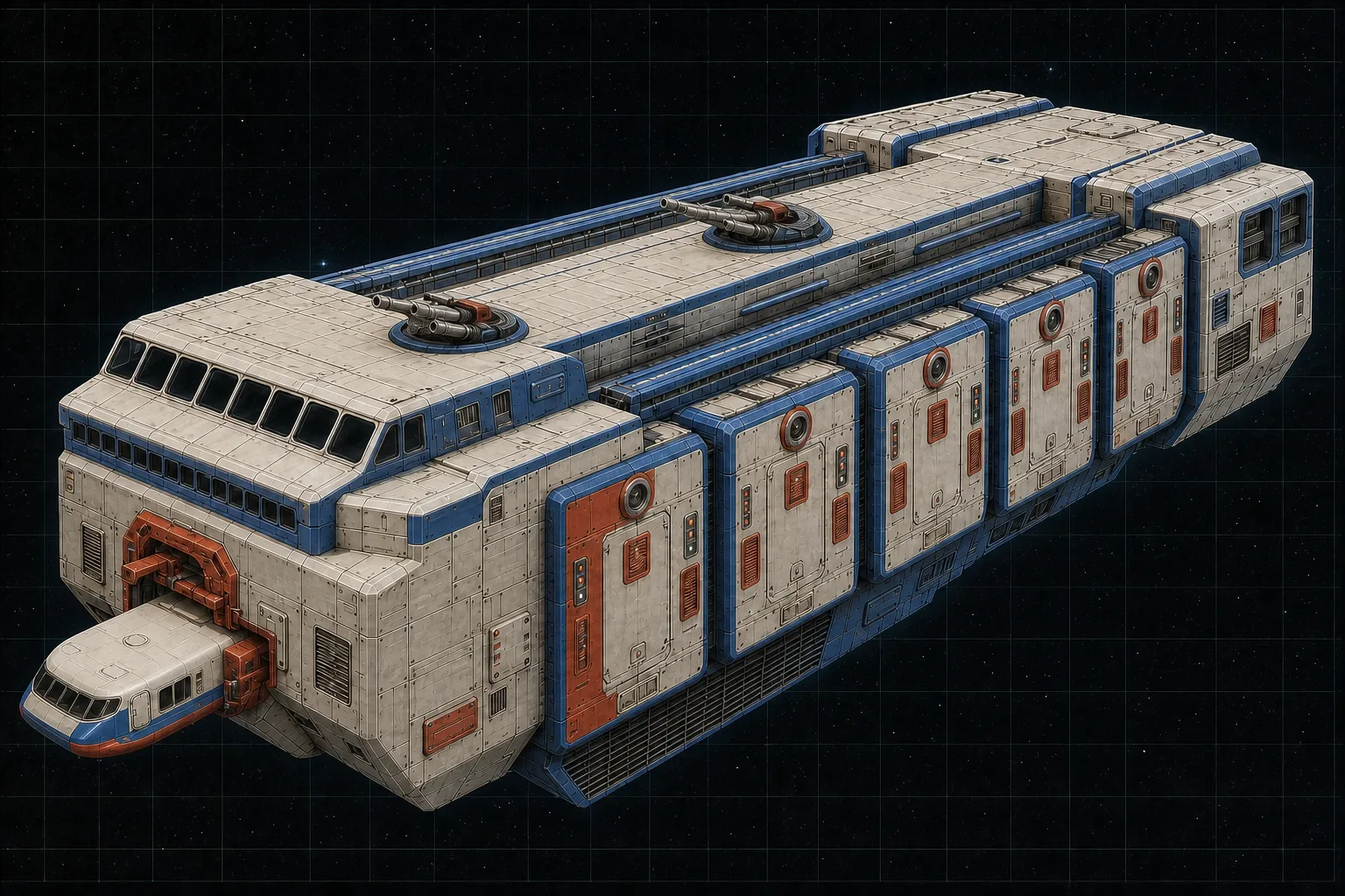 Painted three-quarter view of Scheria, an ivory and blue eight-hundred-ton colony transport with low-berth modules and a docked Wayfarer Cargo.