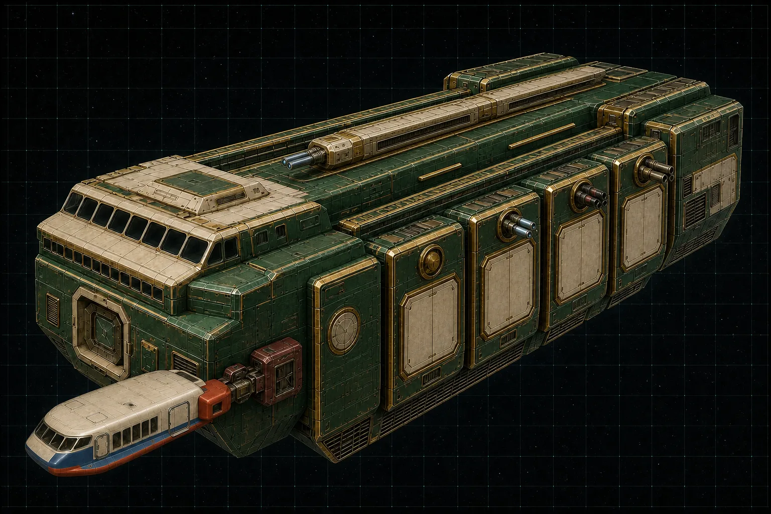 Painted three-quarter view of Odysseus, an emerald eight-hundred-ton armed merchant with six double turrets, two barbettes, and a docked Wayfarer.