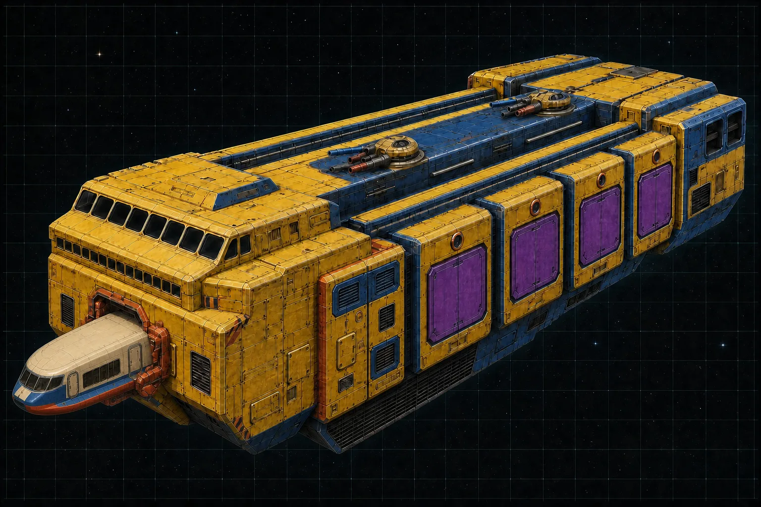 Painted three-quarter view of Cyclops, a yellow and violet eight-hundred-ton missile ship with six launch banks and a docked Wayfarer Cargo.