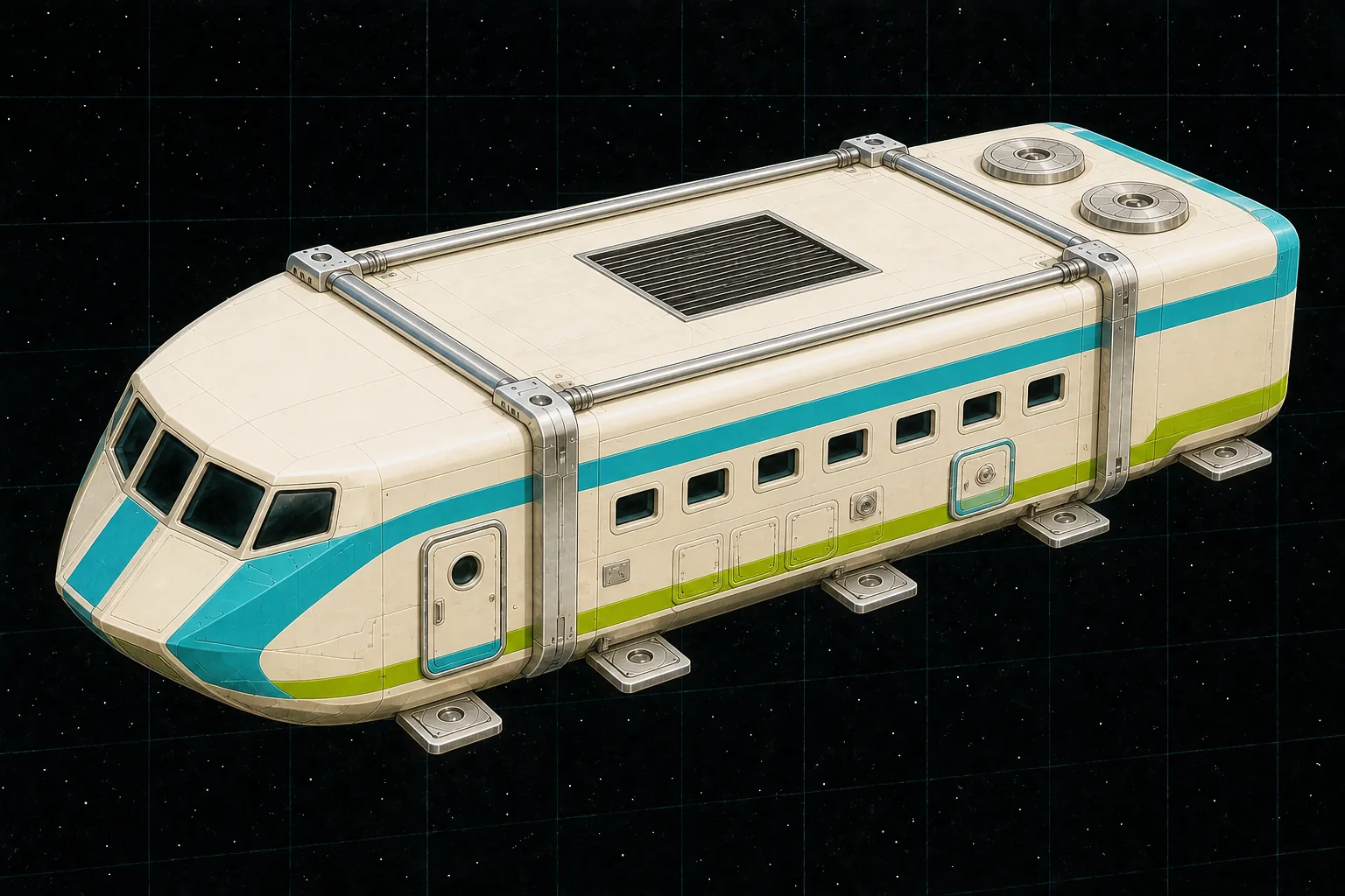 Painted three-quarter view of Proteus Mercy, a white, cyan, and lime fifty-ton medical cutter with two airlocks and ward windows.