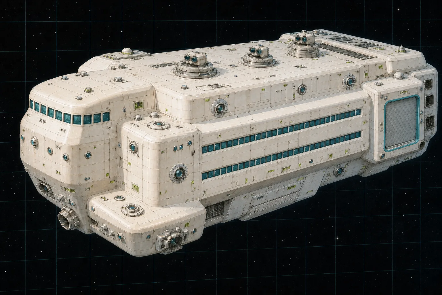 Painted three-quarter view of Nightingale, a white thousand-ton hospital ship with enlarged four-gravity stern apertures and rescue hangar.