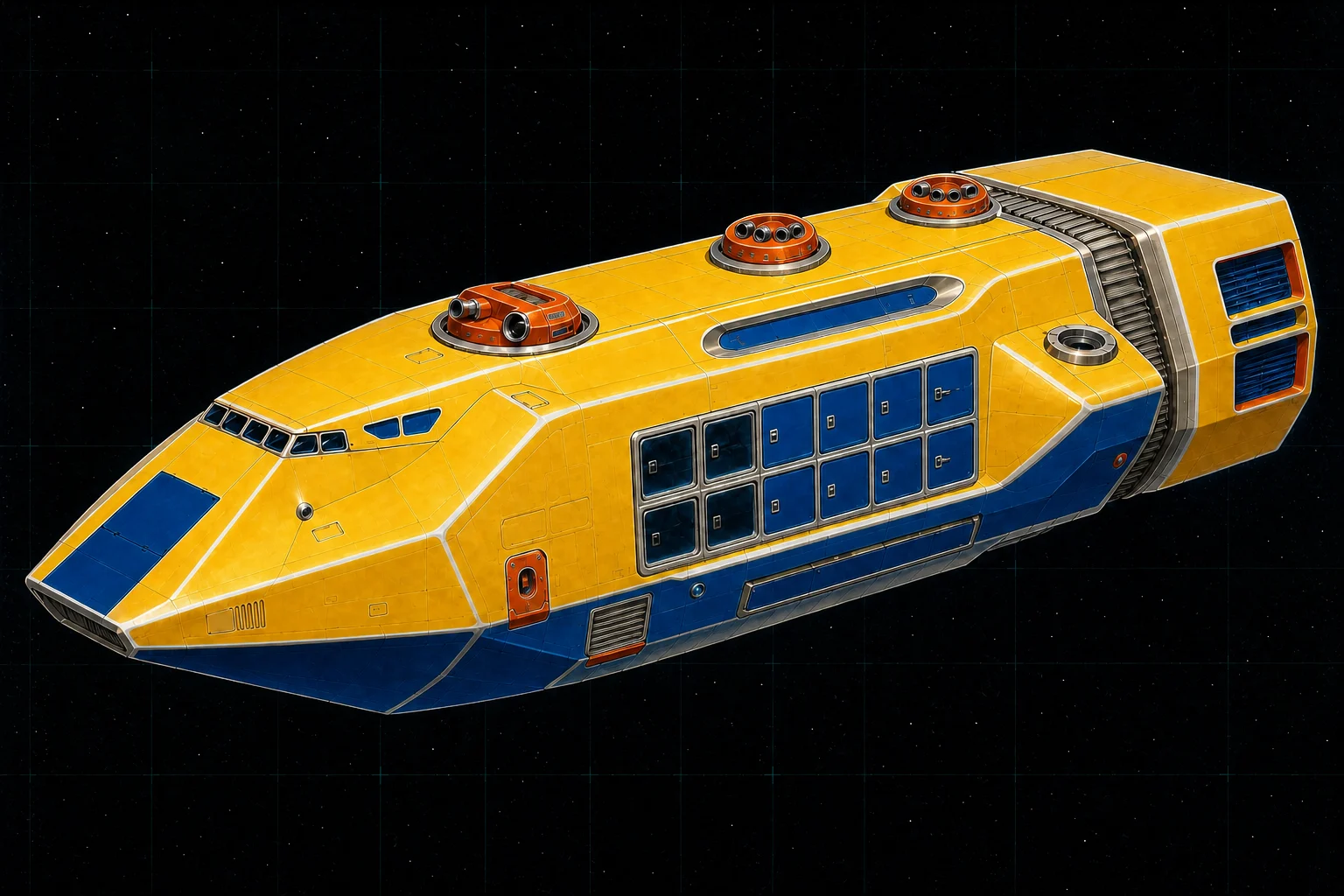 Painted three-quarter view of Robur, a sunflower and cobalt three-hundred-ton fast armed trader with three turrets and point-defense nodes.