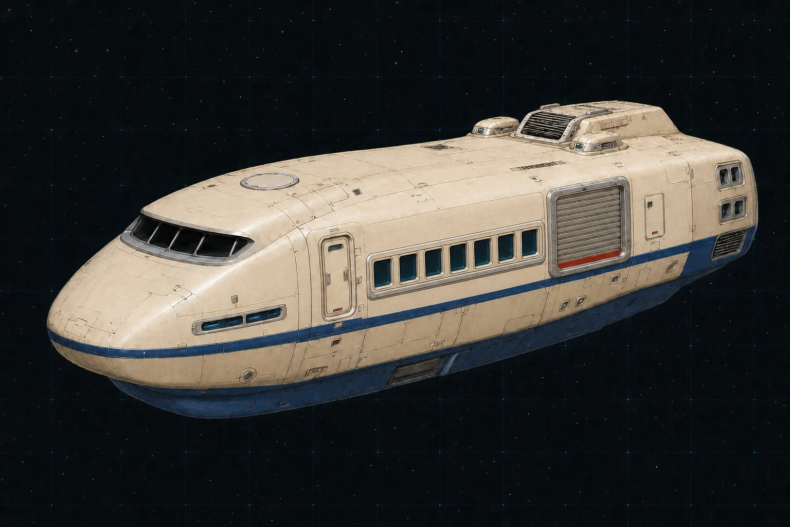 Painted three-quarter view of Deborah, an ivory and royal-blue hundred-ton passenger trader with six cabin windows and a cargo shutter.