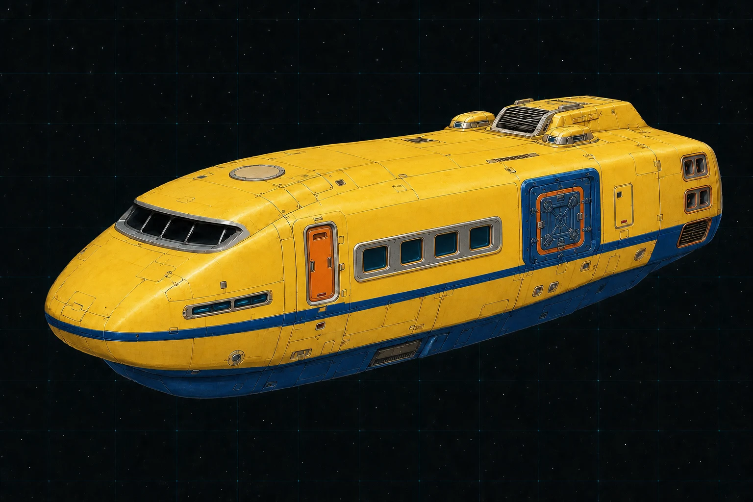 Painted three-quarter view of Postmaster, a sunflower and cobalt hundred-ton dispatch ship with four cabin windows and a secure priority hatch.