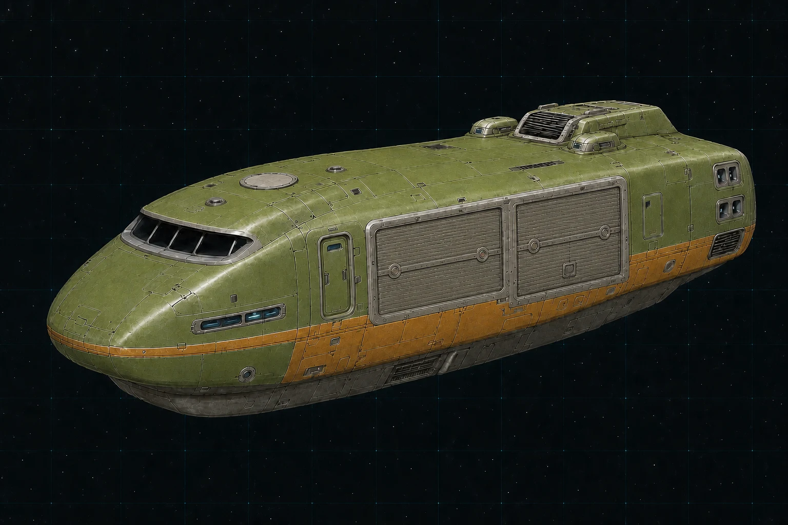 Painted three-quarter view of Gulf Stream, an avocado and ochre hundred-ton scout-trader with internal-fuel service panels and advanced sensors.