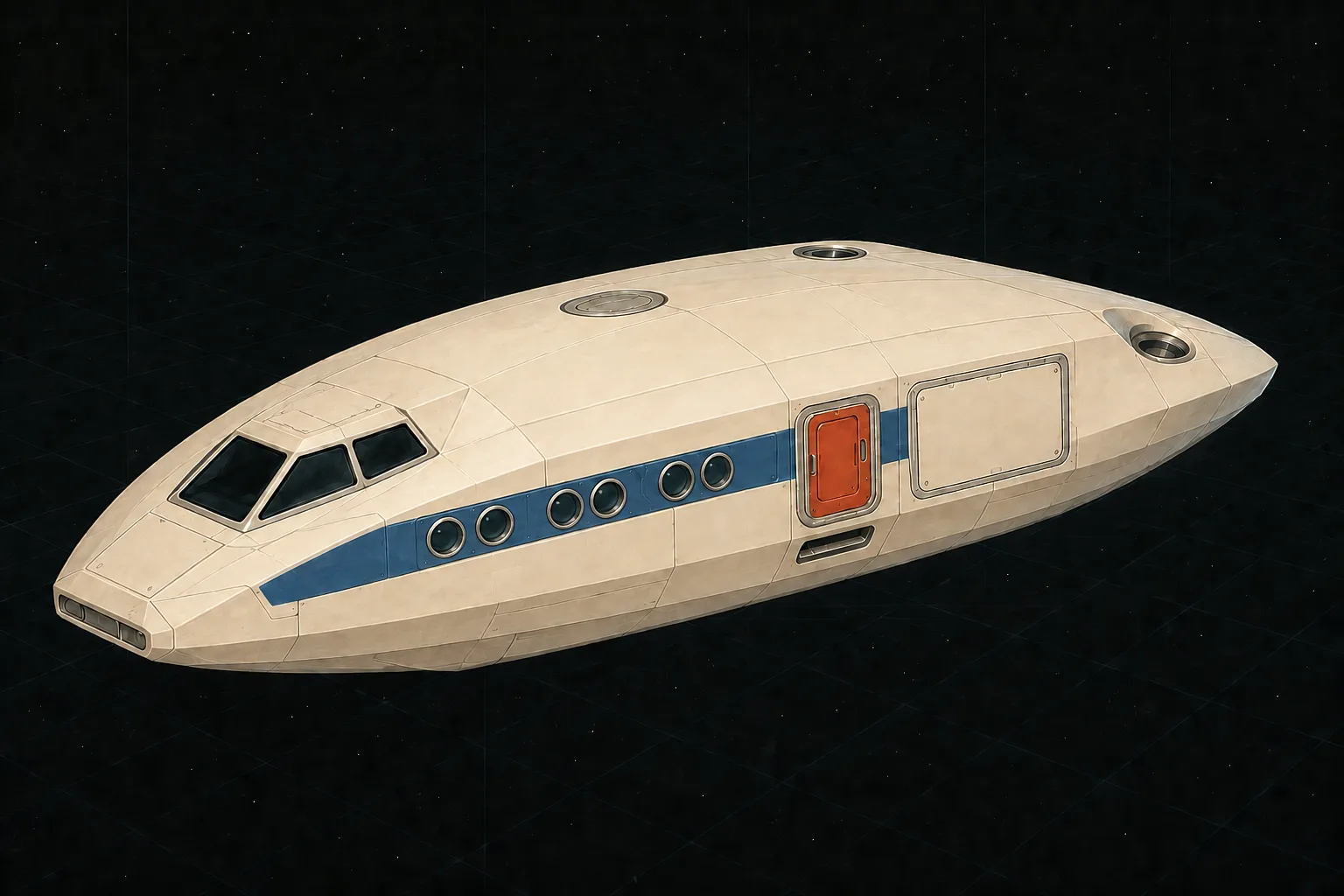 Painted three-quarter view of Boreas, an ivory and blue twenty-ton armored captain's gig with three paired cabin-window groups.