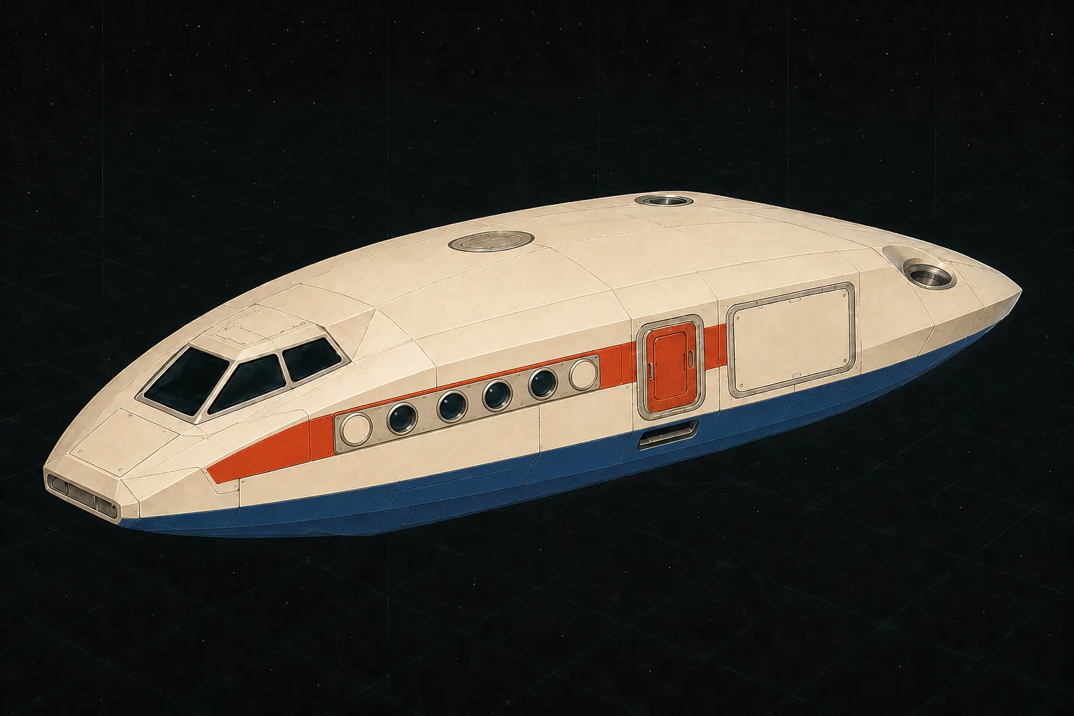 Painted three-quarter view of Zephyrus, an ivory, vermilion, and blue twenty-ton armored flag barge with four private-cabin windows.