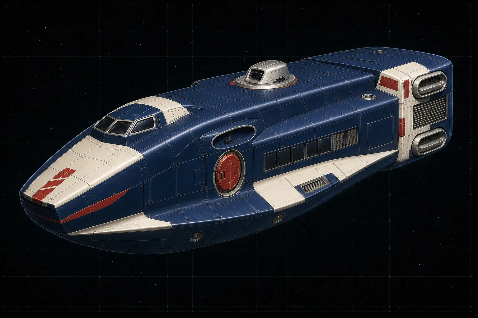 Painted three-quarter view of Castor, a navy and ivory thirty-ton armored personnel boat with four cabin windows and a beam-laser turret.