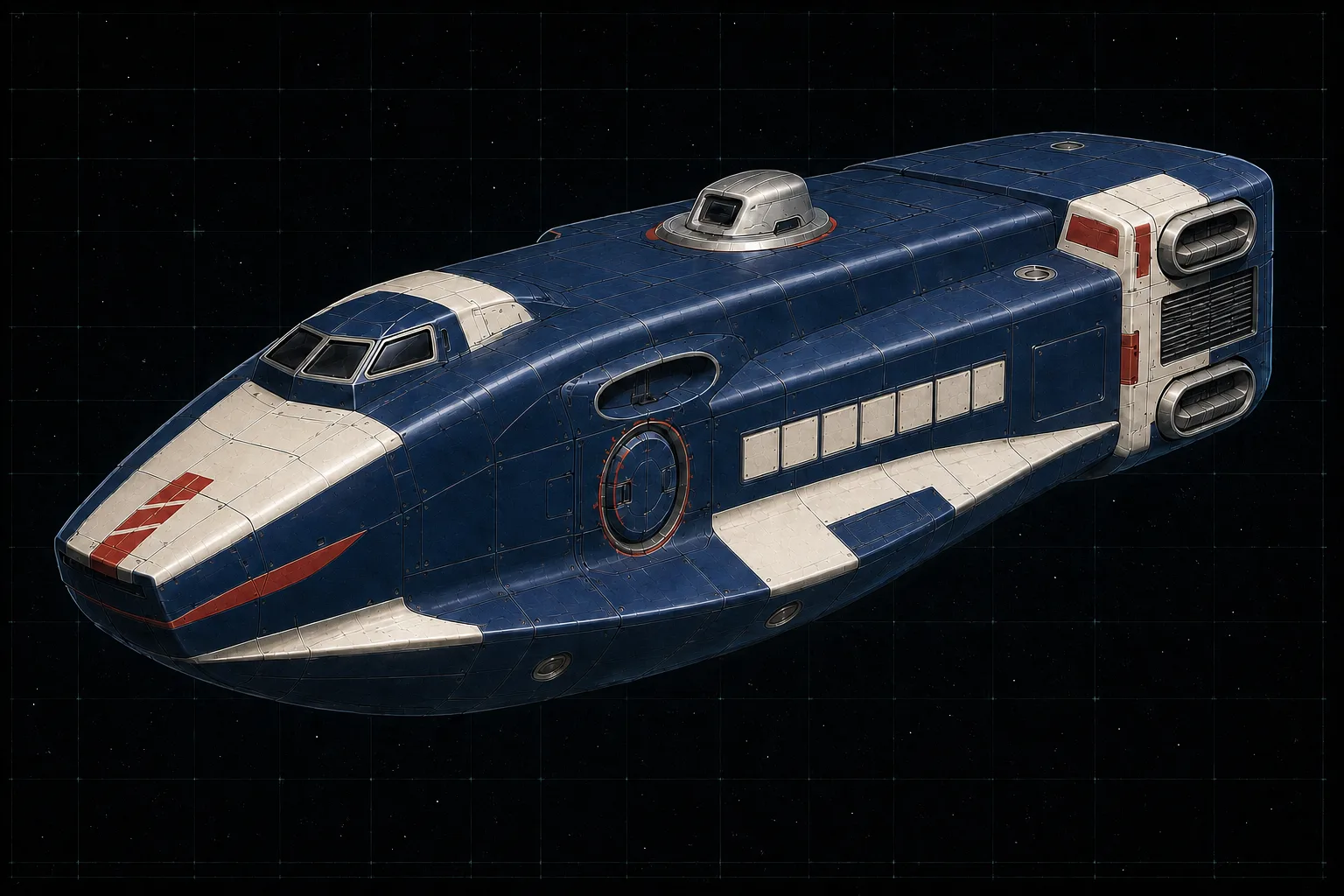 Painted three-quarter view of Pollux, a navy and ivory thirty-ton armored marine boat with six shuttered troop-compartment bays.