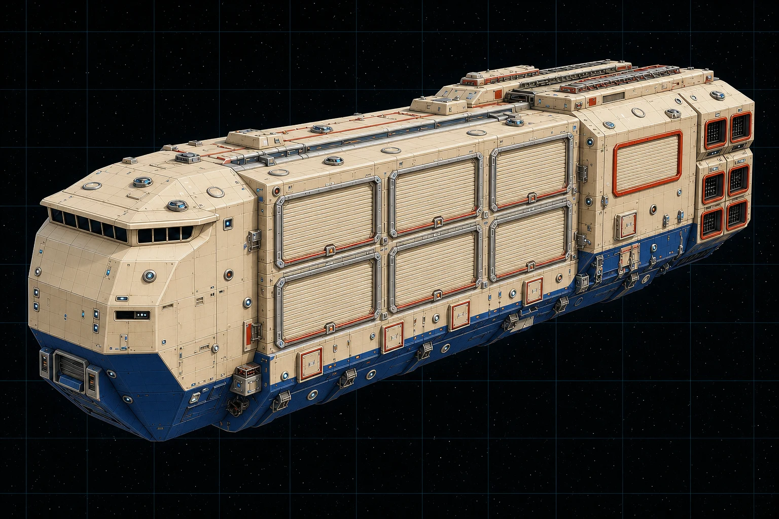Painted three-quarter view of Silk Road, an ivory and royal-blue four-thousand-five-hundred-ton commercial carrier with six freight shutters, distributed beam turrets, and capped spare hardpoints.