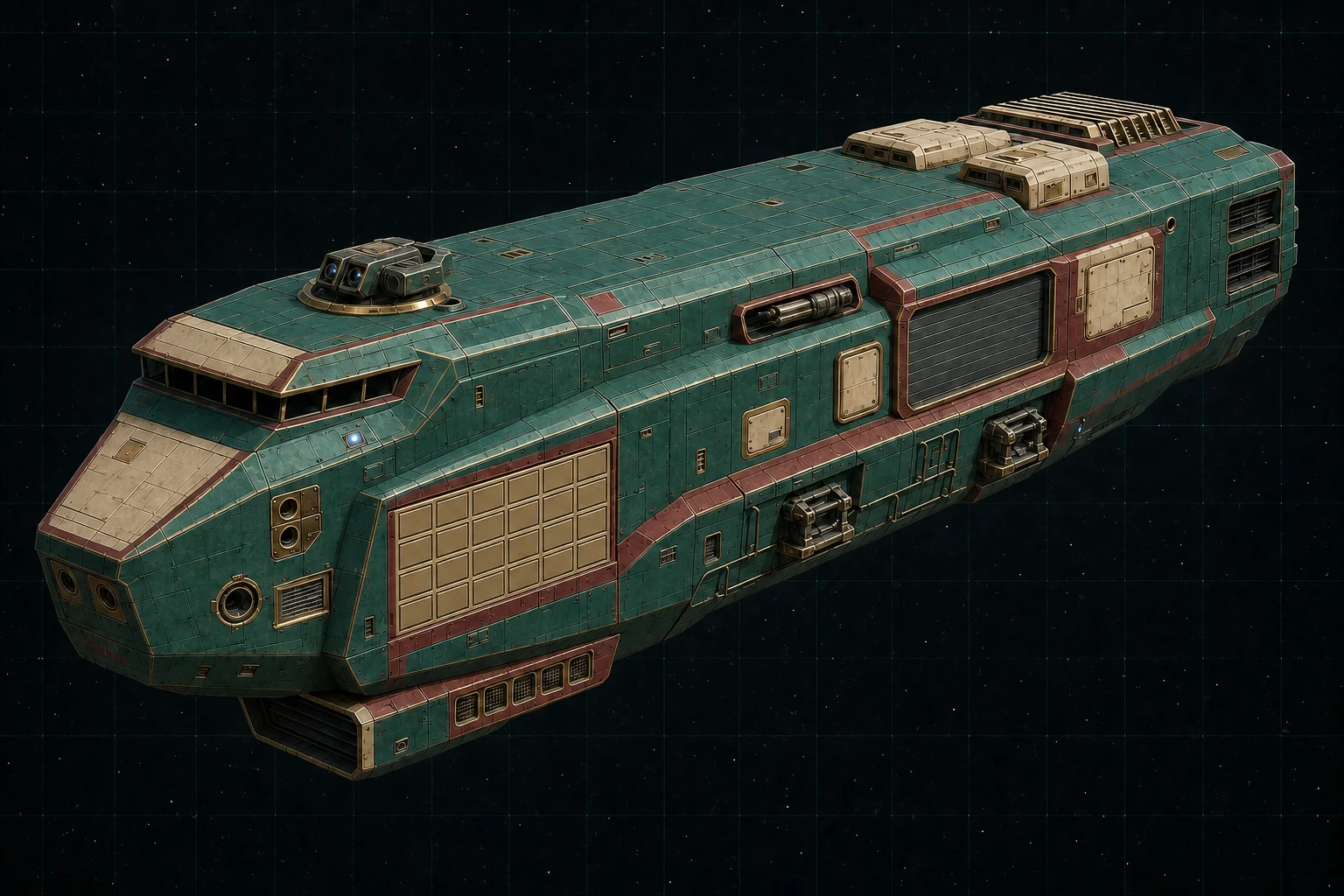 Painted three-quarter view of Zheng He, an emerald and cream four-hundred-ton patrol vessel with a 24-cell missile bank, particle barbette, and closed boarding-boat hangar.