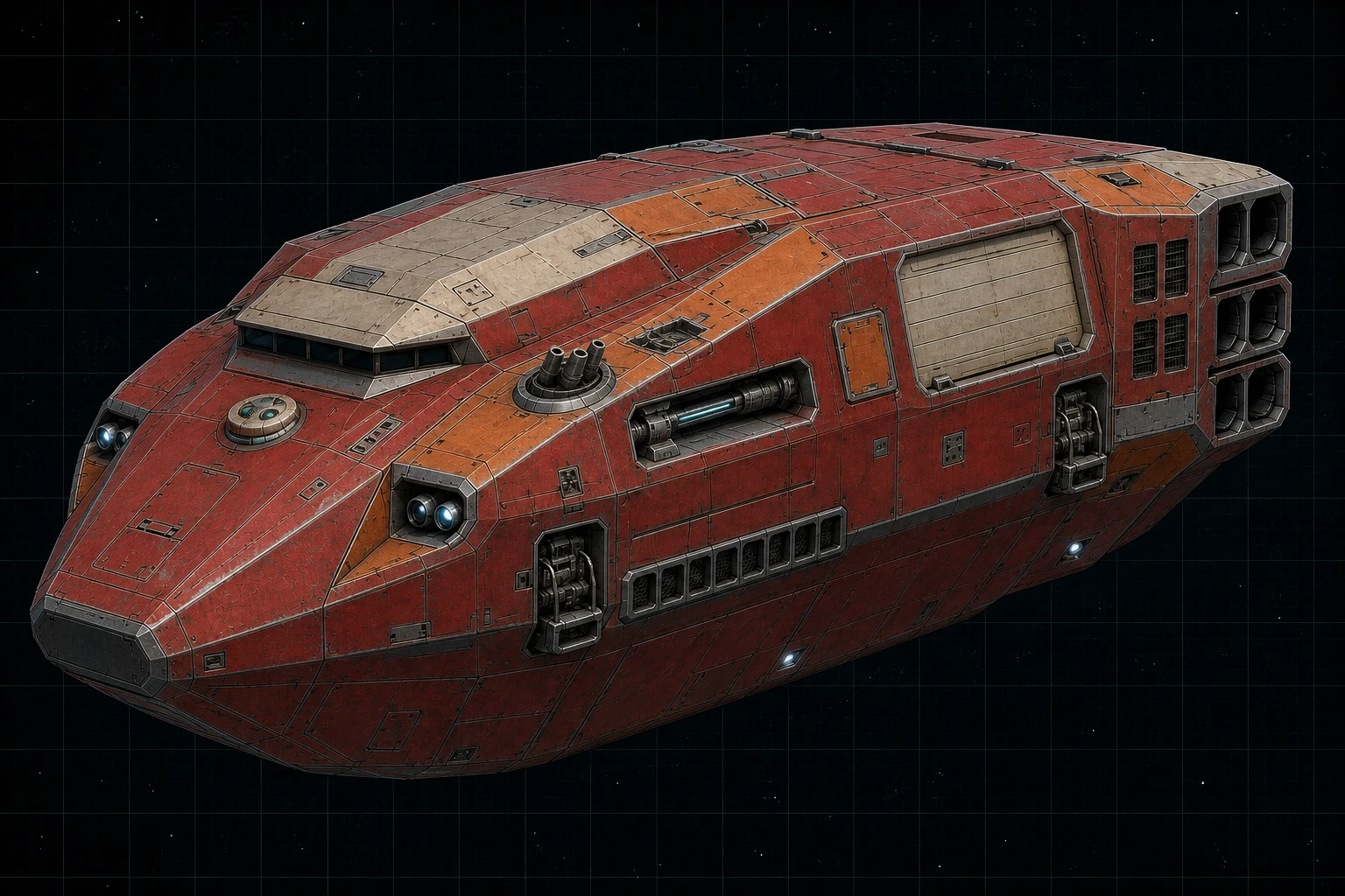 Painted three-quarter view of Rampart, a fire-red and orange four-hundred-ton armored system patrol ship with a flank particle barbette and six-gravity stern.