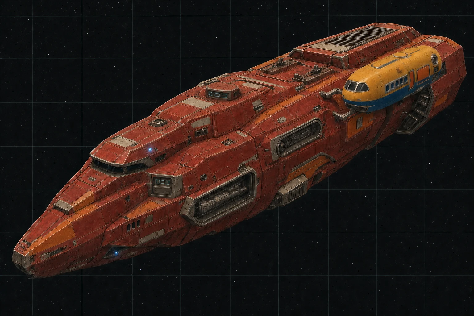 Painted three-quarter view of Cerberus, a fire-red and orange four-hundred-ton patrol spear with particle weapons and an externally clamped yellow Caduceus launch.