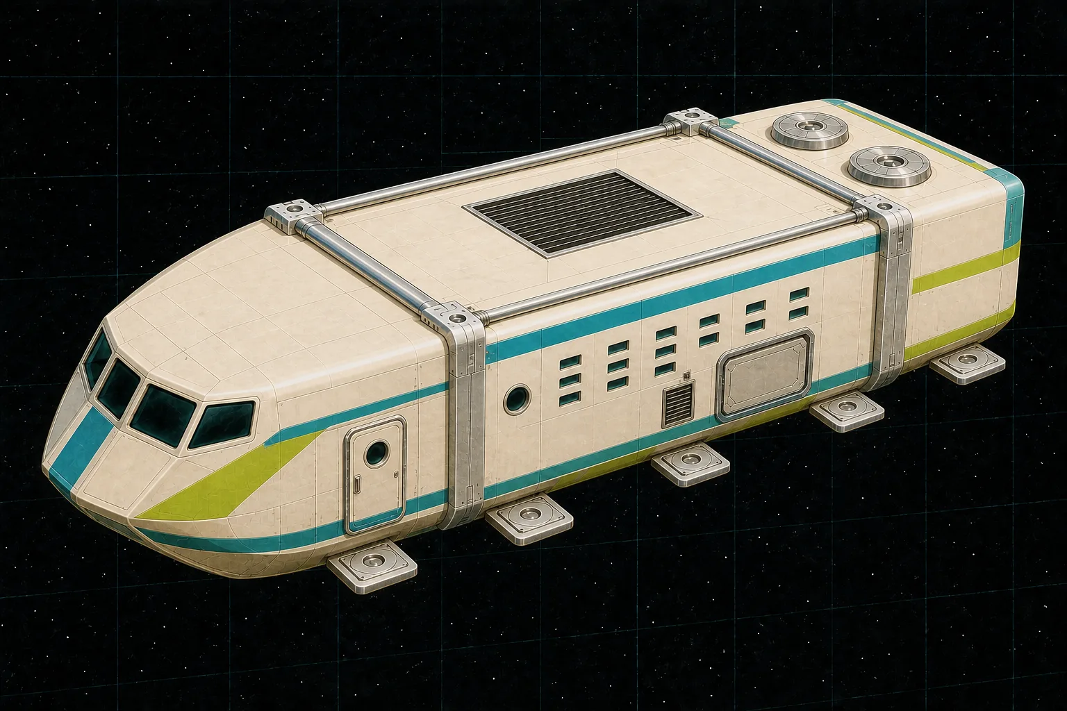 Painted three-quarter view of Proteus Surveyor, a white, cyan, and lime fifty-ton survey cutter with instruments and an air-raft door.