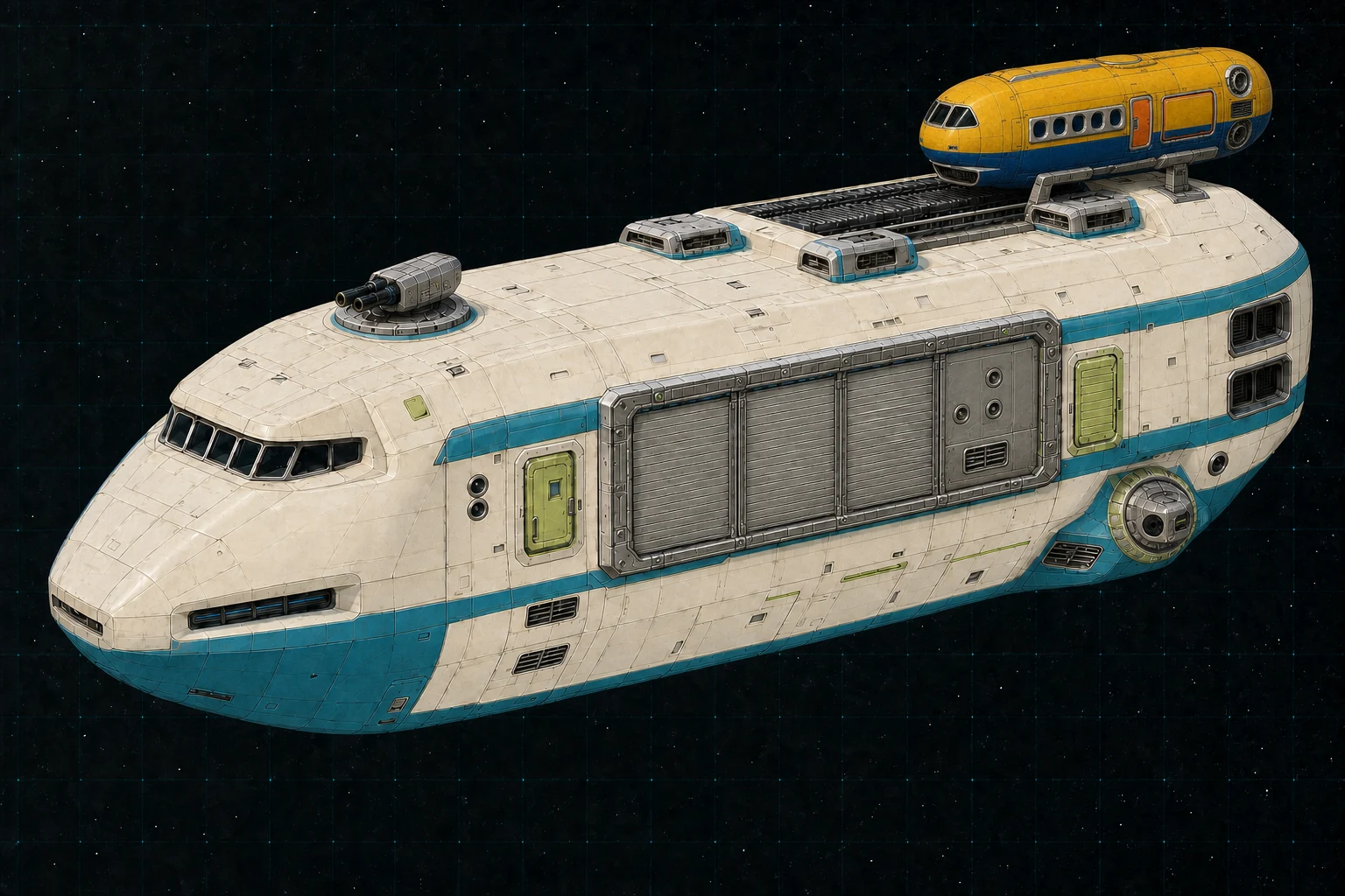 Painted three-quarter view of Tizard, a white, cyan, and lime three-hundred-ton scout carrying a yellow Caduceus launch on its dorsal clamp.