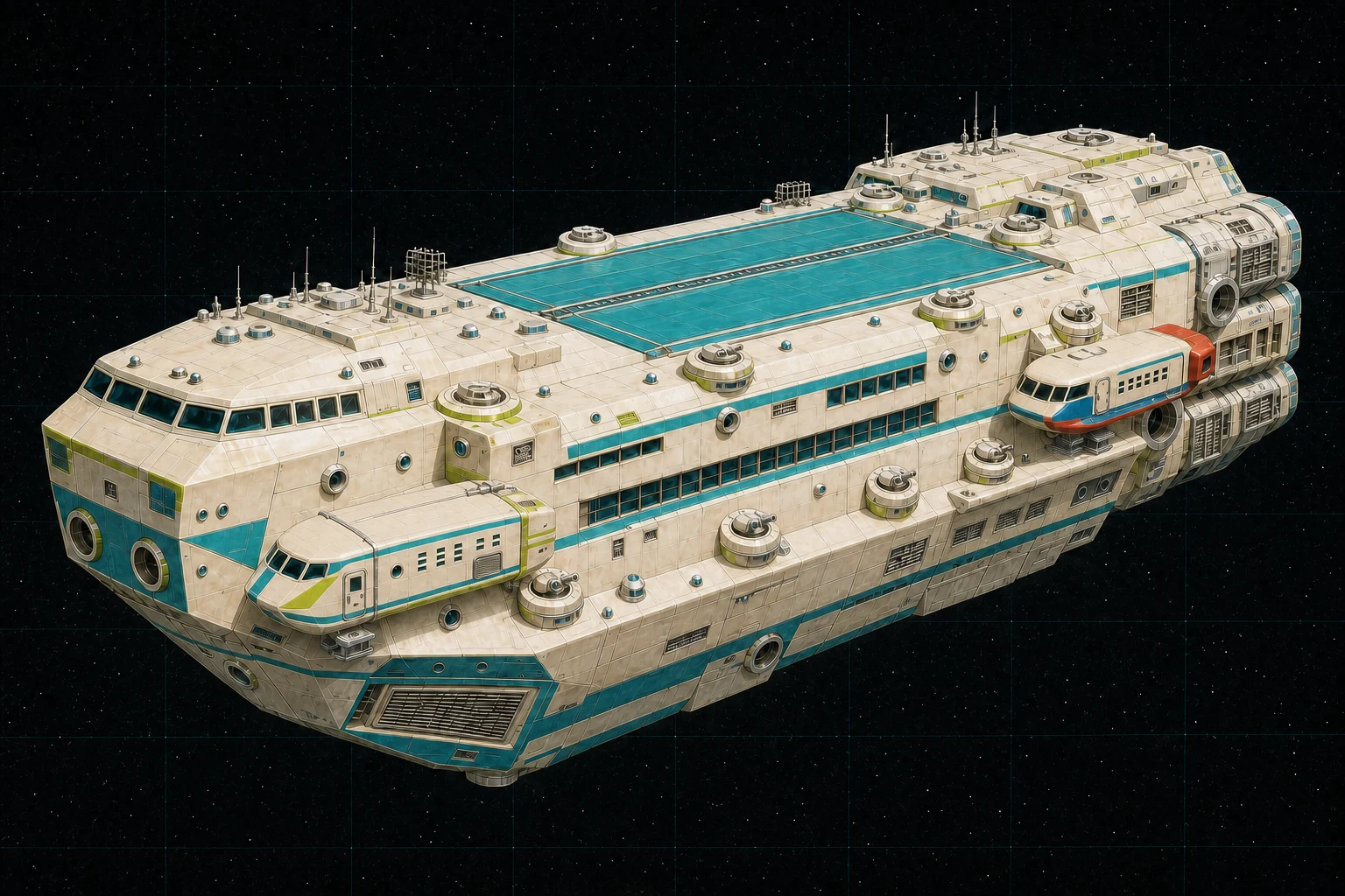Painted three-quarter view of Faraday, a white, cyan, and lime two-thousand-five-hundred-ton exploration carrier with distributed defensive batteries and two externally clamped utility craft.