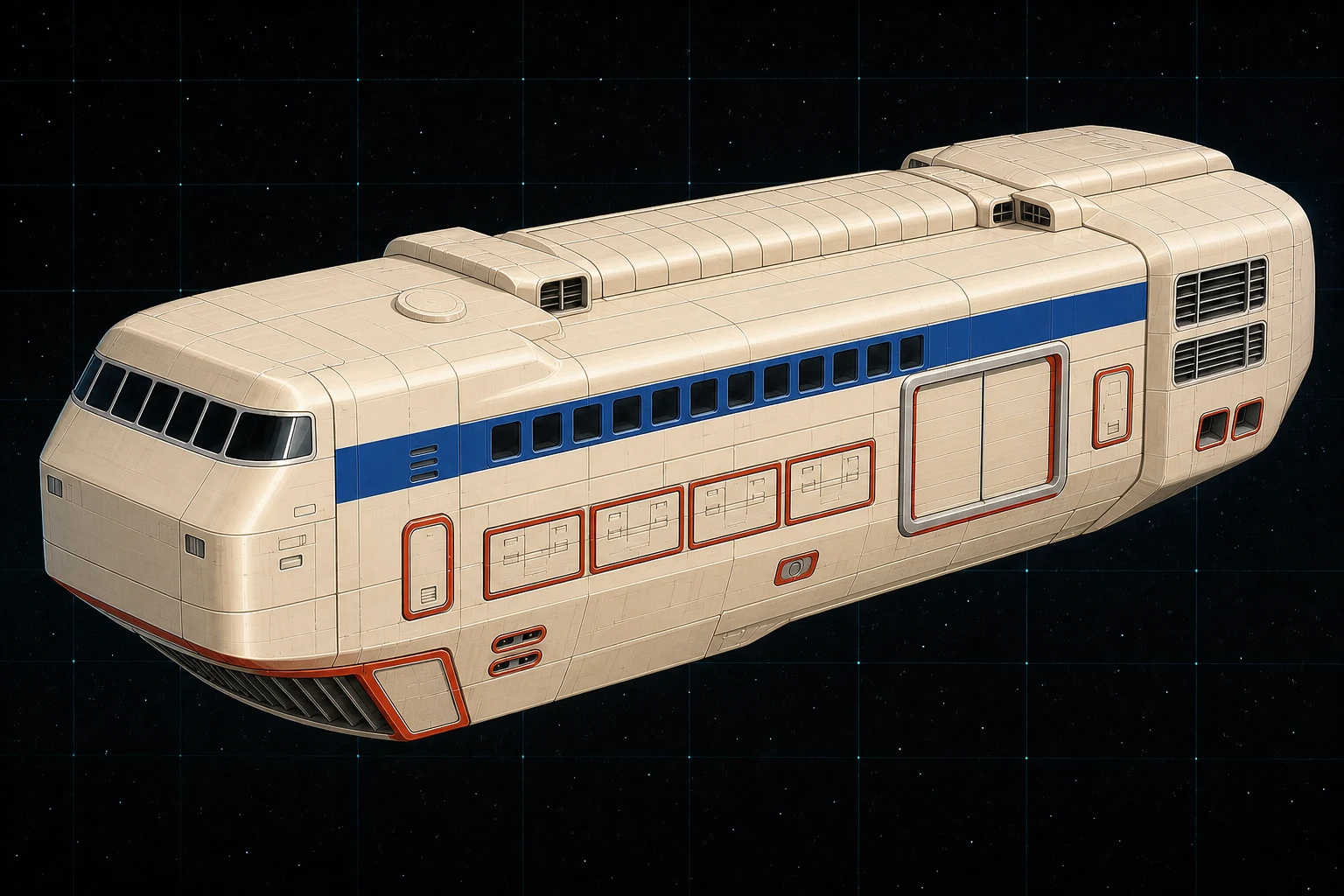 Painted three-quarter view of Hudson, an ivory, royal-blue, and vermilion two-hundred-ton unarmed passenger and freight trader.