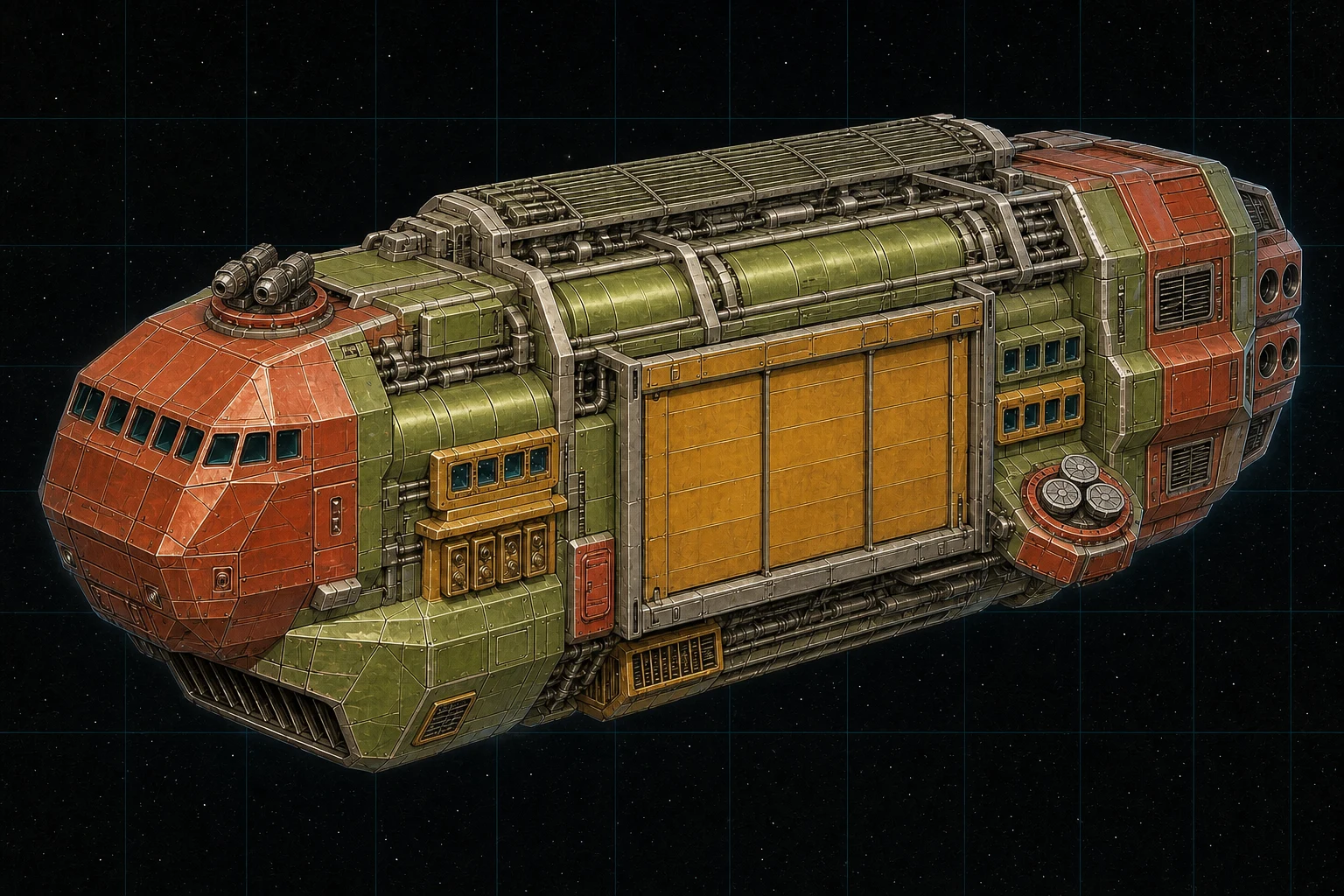 Painted three-quarter view of Crusoe, an avocado, ochre, and brick-red three-hundred-ton frontier trader with a large freight shutter and two visible defensive turrets.